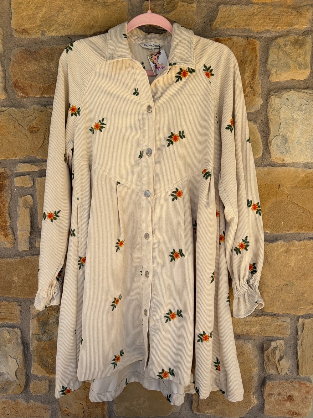 DAVI & DANI Cream Button-Front Corduroy Dress with Orange Floral Embroidery